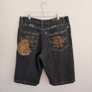 Y2K BLACK BROOKLYN XPRESS‎ EMBROIDERED DRAGON JEAN SHORTS
